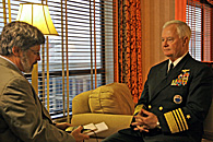 VOA's Al Pessin (left) interviews Admiral Timothy Keating, 23 Jul 2009 