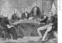 Lincoln, fourth from left, with cabinet members Montgomery Blair, Caleb Smith, Salmon Chase, William Seward, Simon Cameron, Edward Bates and Gideon Wells