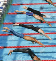 The start of the Men's 200 meter individual medley race at the FINA Swimming World Championships in Rome