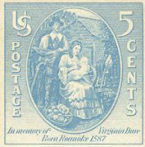 U.S. stamp from 1937 honoring Virginia Dare, the first English child born in an American colony