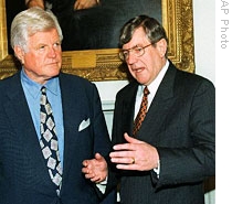 Irish FM Ray Burke meets with Sen. Edward Kennedy, D-Mass. on Capitol Hill on 23 Sept 1997 to discuss the Northern Ireland peace plan