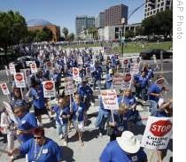 About 2,000 California school employees march in San Jose on August 5 to protest state budget cuts, in a photo provided by the California School Employees Association