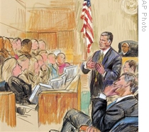 An artist's drawing shows a lawyer giving his closing arguments to the jury at a federal court case in Washington in 2007.