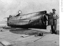 A drawing of the Confederate submarine H.L. Hunley