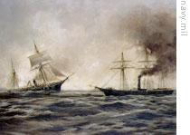 A painting of the battle between the Kearsarge, right, and the Alabama 